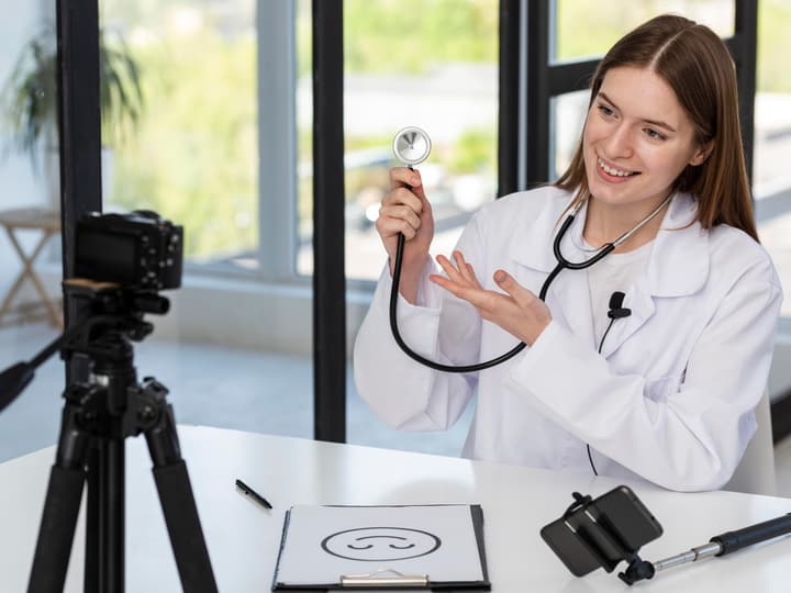 A doctor recording a short health video with a camera on a tripod