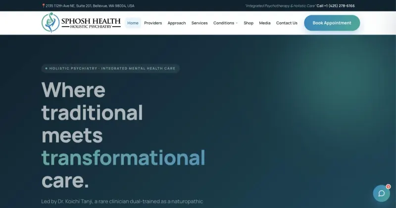 Sphosh Health website home page, with the headline “Where traditional meets transformational care” and a Book Appointment button